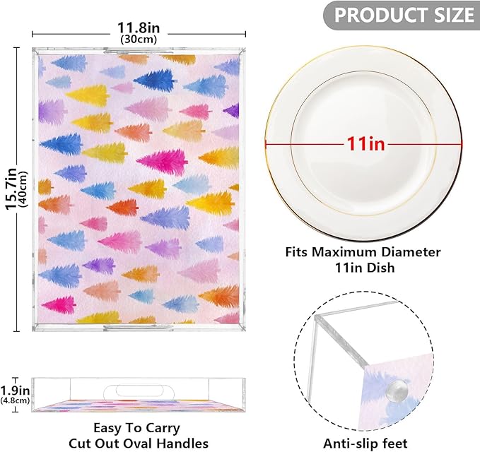 Serving Tray with Handles Clear Acrylic Tray 12x16 Inch Decorative Rectangular Tray Organizer for Ottoman Coffee Table Bathroom Colorful Christmas Tree
