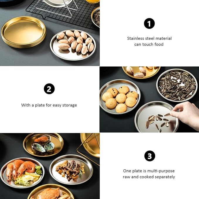 Stainless Steel Roast Meat Plates and Snack Holders Set of 6 with Storage Rack, Modern Silver round Food Serving Trays for Home and Restaurant Use