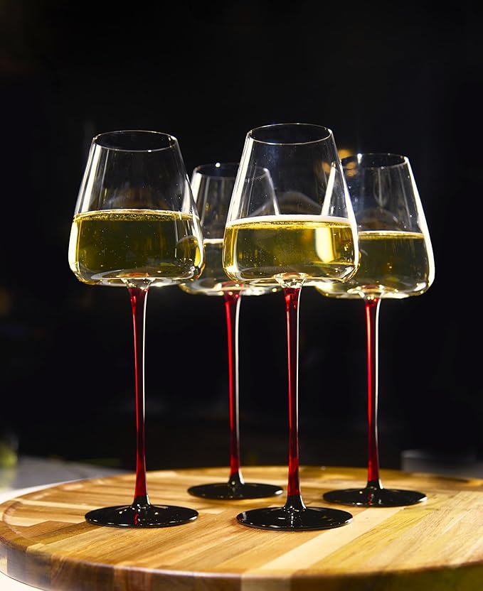 LEMONSODA Concave Champagne & Wine Glasses - Modern Red Stem & Black Bottom for Sparkling Wine, Rosé, Prosecco, Champagne – Handcrafted Barware, Perfect for gift (16oz, Set of 2)