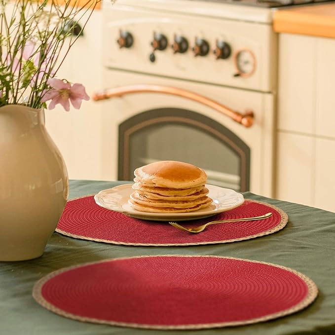 Noctiflorous Round Placemats Set of 8, 15 Inch Braided Hand Woven Table Mats, Heat Resistant Non-Slip Wipeable Thin Edge Place Mats for Kitchen Dining Indoor Outdoor Use(Red, 8)
