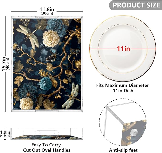 Serving Tray with Handles Clear Acrylic Tray 12x16 Inch Decorative Rectangular Tray Organizer for Ottoman Coffee Table Bathroom Mystical Flowers and Dragonflies