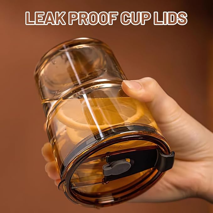 Luxfuel 13oz Tumbler Water Glass Cups with Straw and Lid, Reusable Iced Coffee Cups, Iced Tea, Sealed Carry-On Glass Tumbler for Travel, Home, Office, Party and Outdoor (Amber 1 Pack)