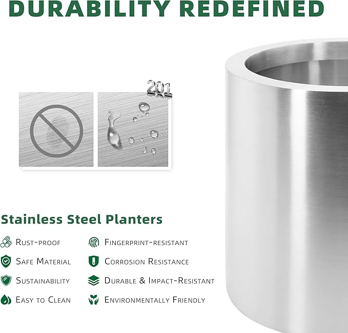 Longrun 11.8 Inch Dia Round Planter, Modern Indoor Outdoor Large Stainless Steel Plant Pot and Plant Caddy with Wheels for Home Patio Garden, Easy to Clean and Move