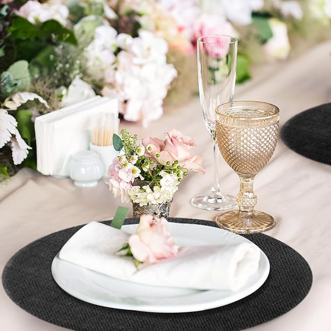 Yunlly Set of 48 Round Burlap Placemats Bulk Burlap Farmhouse Placemats Set Heat Resistant Table Mats Circle Jute Charger Place Mats for Wedding Holiday Dinner Rustic Table Decorations(11.8 in,Black)