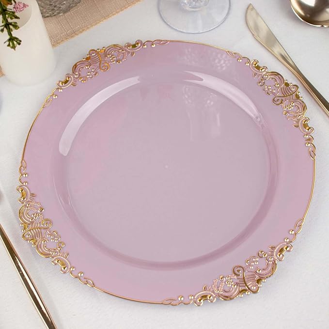 10" Dinner Plates -Set of 30 - Plastic Lavender Lilac Round Baroque Disposable Chargers Leaf Embossed Rim, Ideal for Dinner Party Wedding Bulk Events