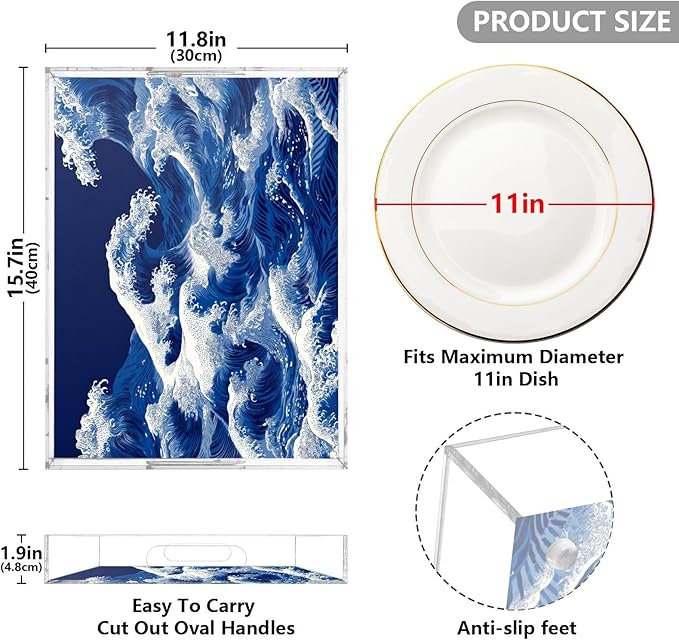 Serving Tray with Handles Clear Acrylic Tray 12x16 Inch Decorative Rectangular Tray Organizer for Ottoman Coffee Table Bathroom Japanese Deep Blue Sea Waves