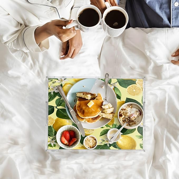Serving Tray with Handles Clear Acrylic Tray 12x16 Inch Decorative Rectangular Tray Organizer for Ottoman Coffee Table Bathroom Yellow Vibrant Lemons Floral