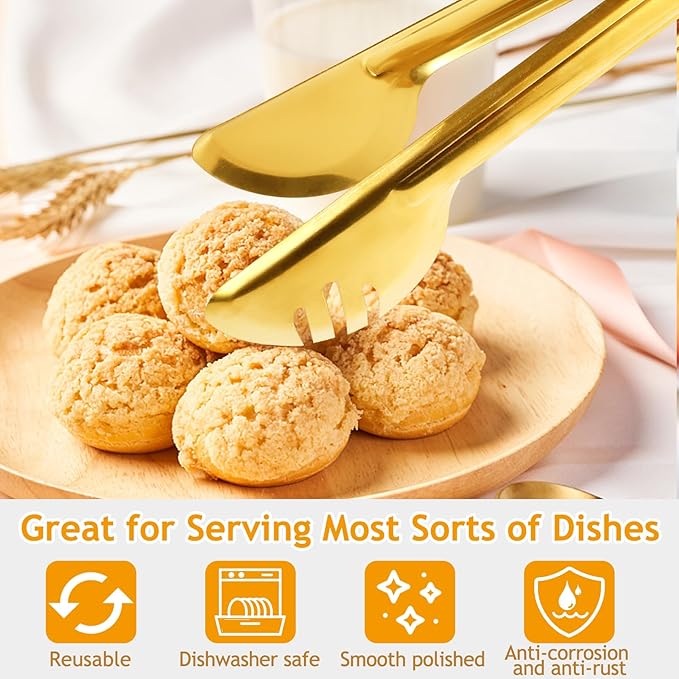 Gold Serving Utensils,12 Pcs Stainless Steel Serving Utensils Set with Slotted Spoons,Serving Spoons,Forks,Tongs,Butter Knife,Soup Ladle,Pie Server,Buffet Serving Utensils for Parties Wedding