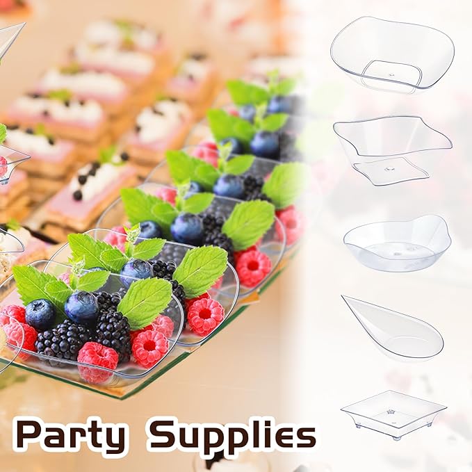 Tessco for you 100 Pcs Mini Appetizer Plates Set, Disposable Dessert Plates Assorted Shape Mini Plastic Spoons for Wedding Party Birthday (Clear)