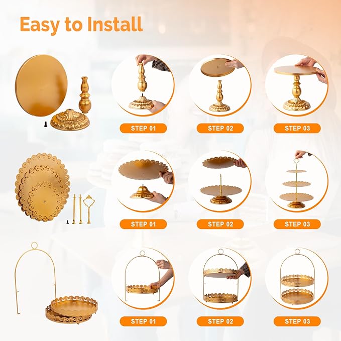 ROVSUN 10PCS Gold Dessert Table Display Set, Metal Cake Stand Set, Round Pedestal Tiered Cupcake Holder Fruit Candy Plate Serving Tower Tray Platter for Birthday Party Wedding Baby Shower Anniversary