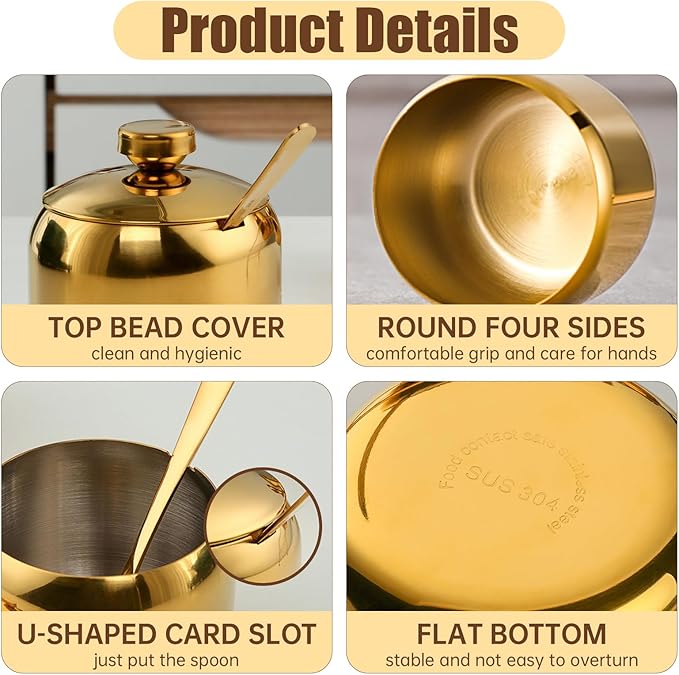Buyer Star 3-Piece 304 Stainless Steel Seasoning Containers Set with Lid Spoon and Rack, salt and sugar container sets, Condiment Canisters Pots for Serving Sugar, Pepper, Salt, Spice (Gold)