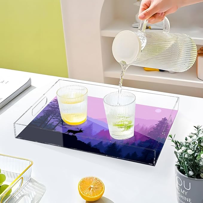 Serving Tray with Handles Clear Acrylic Tray 12x16 Inch Decorative Rectangular Tray Organizer for Ottoman Coffee Table Bathroom Purple Stag Mountains and Forest