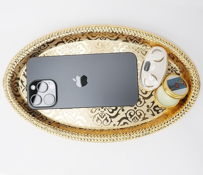 Fermus Set of 2 Oval Metal Tray 11 inches Long Jewelry Dish Cosmetics Organizer Decorative Serving Platter Small Storage Tray Centerpiece for Coffee Table Living Room Kitchen Counter, (2 Pack)