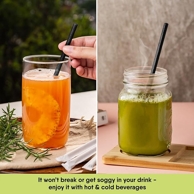 – 100 PCS of 8.25 Inches Individually Wrapped Black Biodegradable Straws – Made of Vegetable Fibers, Best Environment Friendly Drinking Straws for Hot and Cold Beverages