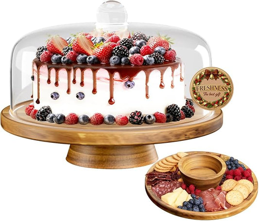 Glass Cake Stand with Dome – 12" Acacia Wood Cake Stand with Lid, 2 in 1 Serving Platter for Dessert Table Display, Charcuterie Board for Cheese, Fruit, Snacks, Glass Dome Keeps Food Fresh