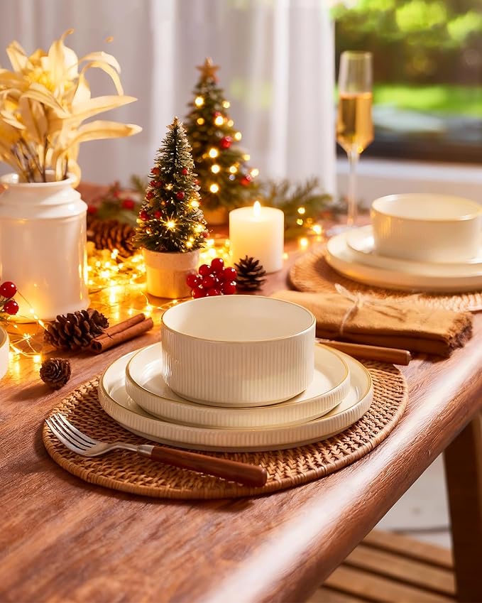 famiware Star Dinnerware Set, Plates and Bowls Sets for 6 (18pcs), Ribbed Stoneware Dishes - Chip & Scratch Resistant, Microwave & Dishwasher Safe Kitchenware, White