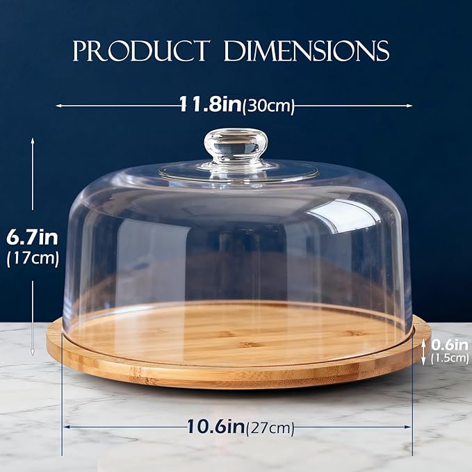 Masthome Bamboo Christmas Cake Stand with Lid, Rotating Cake Holder with Dome, Dessert Table Display Set with Clear Cover, BPA Free Cake Plate with Cover for Birthday/Kitchen/Party/Charcuterie