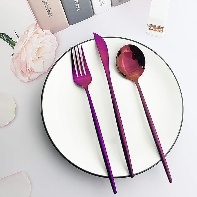 JASHII 24 Piece Titanium Purple Plated Stainless Steel Flatware Set, 24 Pieces Purple Silverware Set, Purple Cutlery Set, Service for 6 (Shiny Purple)