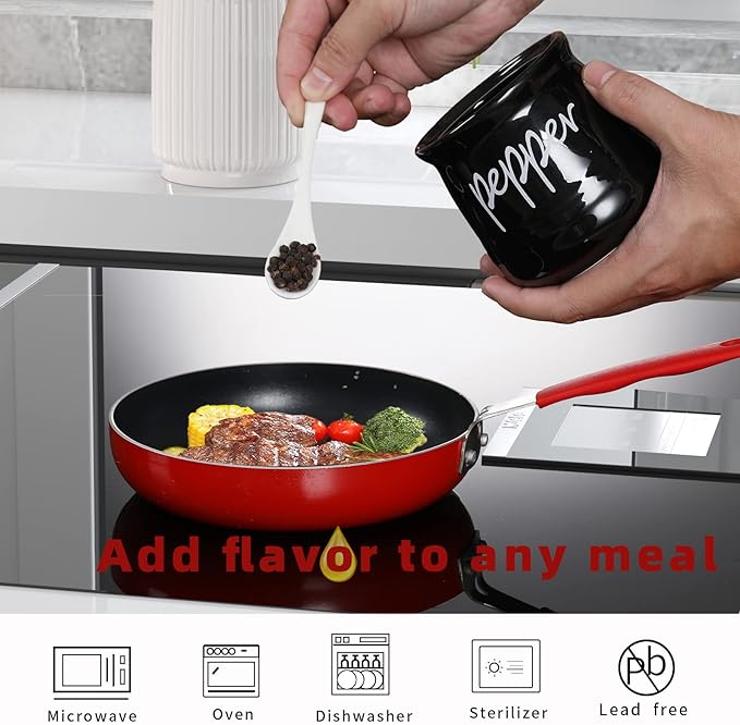 ONTUBE Ceramic Salt and Pepper Bowls with Lid and Spoon 12oz (Black)