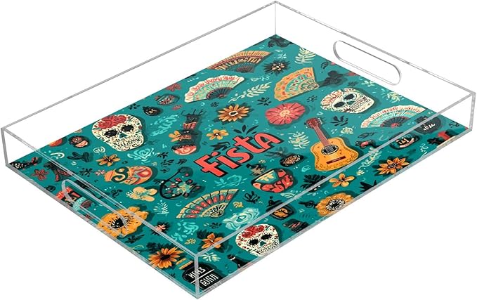 Serving Tray with Handles Clear Acrylic Tray 12x16 Inch Decorative Rectangular Tray Organizer for Ottoman Coffee Table Bathroom Fiesta Mexican Green Skulls Guitars Flowers