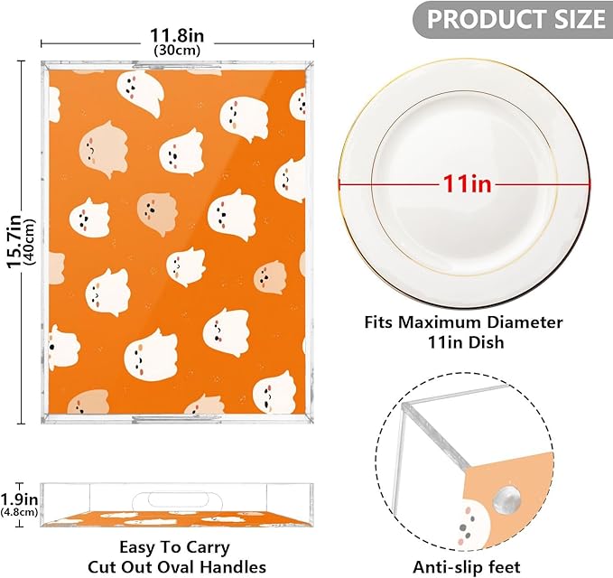 Serving Tray with Handles Clear Acrylic Tray 12x16 Inch Decorative Rectangular Tray Organizer for Ottoman Coffee Table Bathroom Halloween Ghosts Orange
