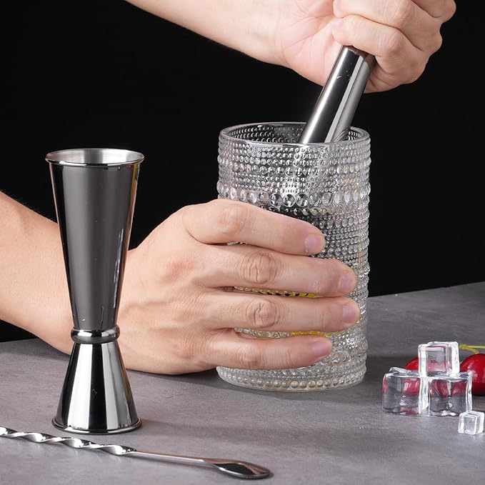 8 Inches Stainless Steel Muddler for Cocktails, Matching Jigger and Bar Spoon with Cocktail Muddler - 3 Pcs Drink Muddler for Cocktails