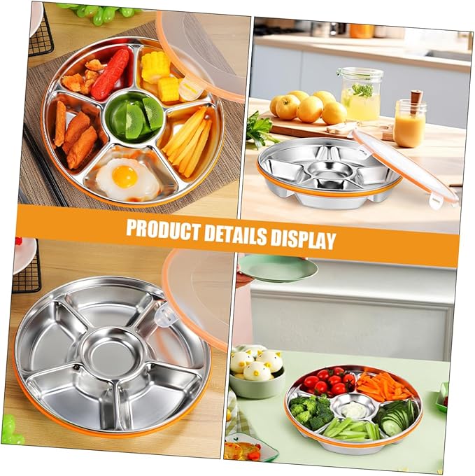 GLEAVI Stainless Steel Divided Serving Tray Lid Family Sized Fruit and Vegetable Tray Multipurpose Snack Container for Fresh Food Storage and Outdoor Use