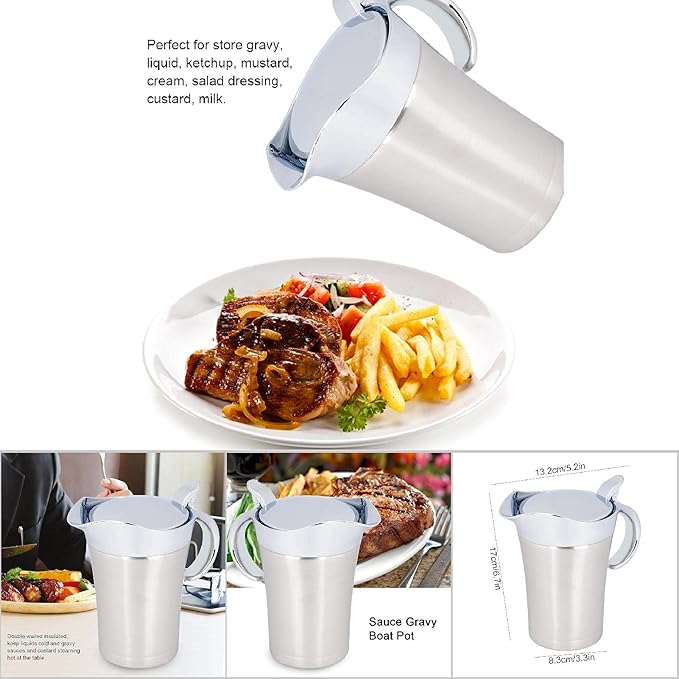 Gravy Boat Creamer Pitcher 304 Stainless Steel Thermal Insulated Double Wall Syrup Pitcher with Lid Serving Jug for Store Gravy Custard Milk (Large 750ml)