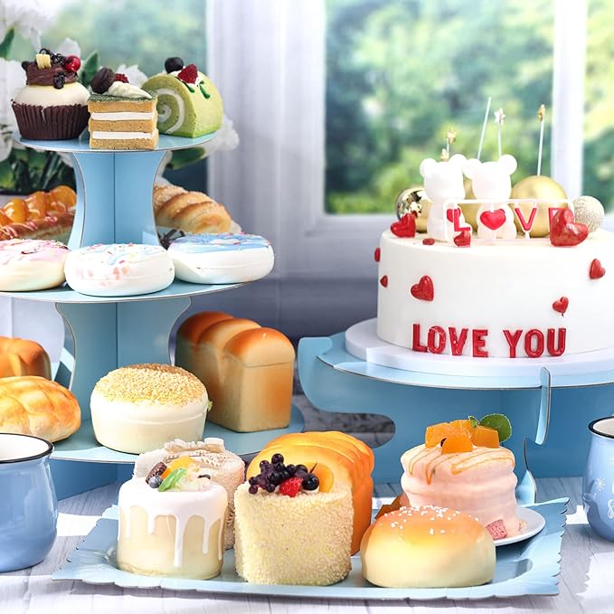 Zopeal 7 Pcs Dessert Table Display Set 3-Tier Cupcake Stand 1-Tier Cup Cake Display Tower Platters and Serving Trays Cardboard Cake Cookie Holders for Wedding Birthday Party Baby Shower(Sky Blue)