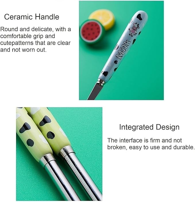 Cute Colorful Silverware Set, Milk Cow Series Ceramic Handle Dinnerware Set Flatware Kitchen Accessories Camping Travel Sets Fork Spoon Chopstick Portable Silverware Set with Case (Color : G