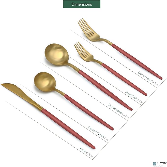 Elyon Lea 20-Piece Matte Gold/Rose Lea Flatware Set, Stainless Steel, Rose Thin Handles, Service For 4