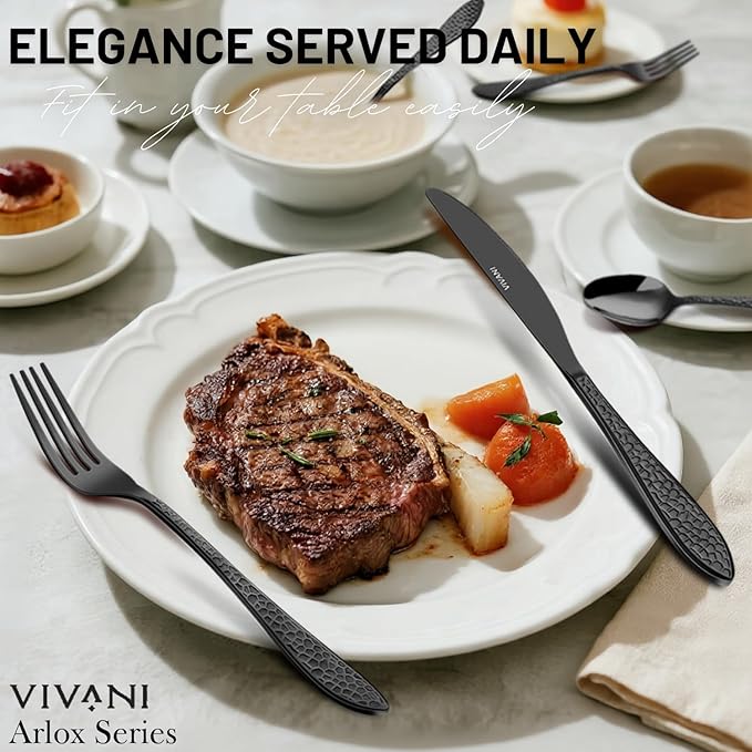 VIVANI 40-Piece Black Silverware Set for 8, Stainless Steel Black Flatware Set, Hammered Utensils Cutlery Set for Home, Wedding, Housewarming Party Event, Dishwasher Safe