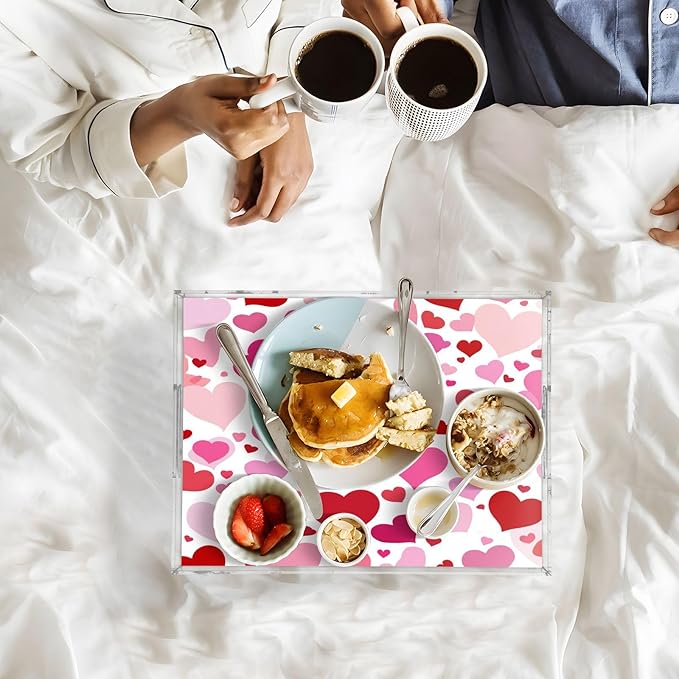 Serving Tray with Handles Clear Acrylic Tray 12x16 Inch Decorative Rectangular Tray Organizer for Ottoman Coffee Table Bathroom White Pink Love Valentine