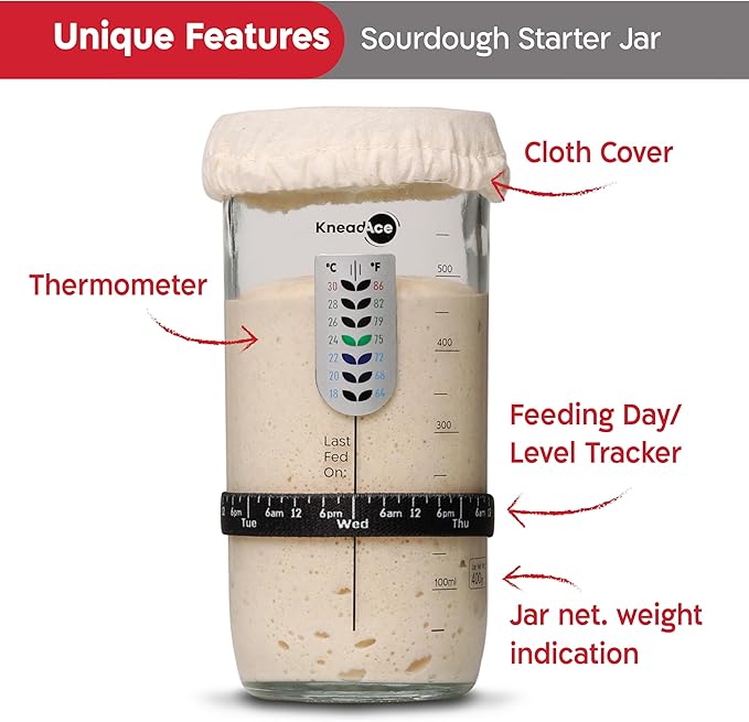 KNEADACE Sourdough Starter Jar With Date Marked Feeding Band, Thermometer, Sourdough Jar Scraper, Sourdough Container Sewn Cloth Cover & Metal Lid, Sourdough Starter Kit (2 Pack)