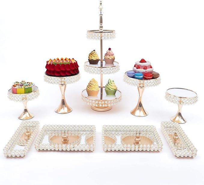 9 Pcs Crystal Metal Cake Stand, Dessert Tower Plate Holder Cupcake Display, Round Cupcake Stands with Crystal Bead for Wedding, Birthday Party, Event