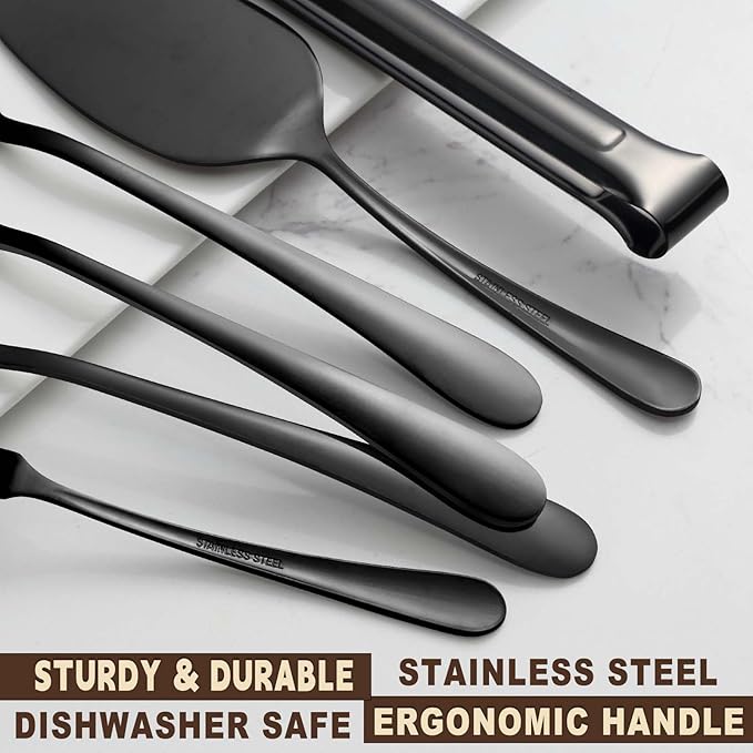 BEWOS Black 20-Piece Serving Set, Black Slotted Spoons & Tongs, Forks, Cake Server & Butter Knife, Stainless Steel, Dishwasher Safe