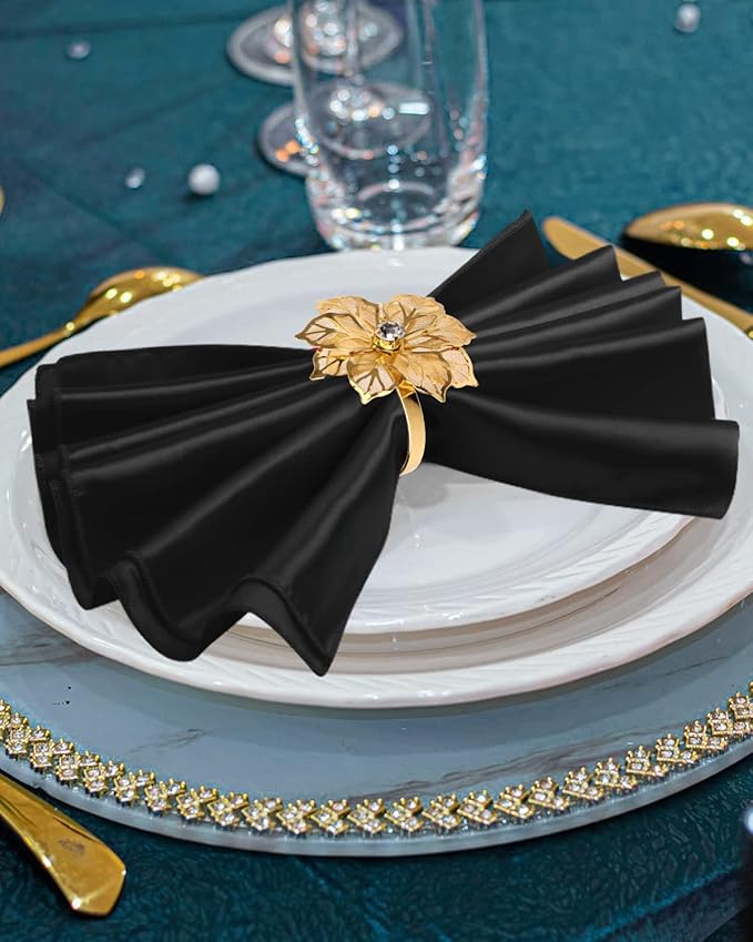CROWN GUIDE 12 Pack Gold Napkin Rings and Cloth Napkins Set of 6, 17x17 Satin Cocktail Napkins Bulk Table Napkins Holder for Wedding Reception Personalized Napkins Bridal Shower for Party Decorative