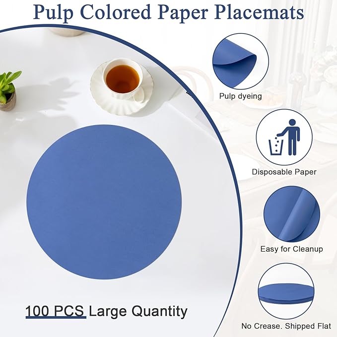 SHACOS 100 pcs Round Paper Placemats Disposable 13 inch Colored Paper Decorative Place Mats for Wedding Birthday Party Bridal Baby Shower Table Decoration, Blue