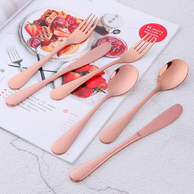 Flatware Silverware sets, 6pcs 18/8 Stainless Steel Cutlery Serving for 2, BPA-free Dinner Knife, Fork, Spoon Kitchen Utensils, Mirror Polished (Rose Gold-2)