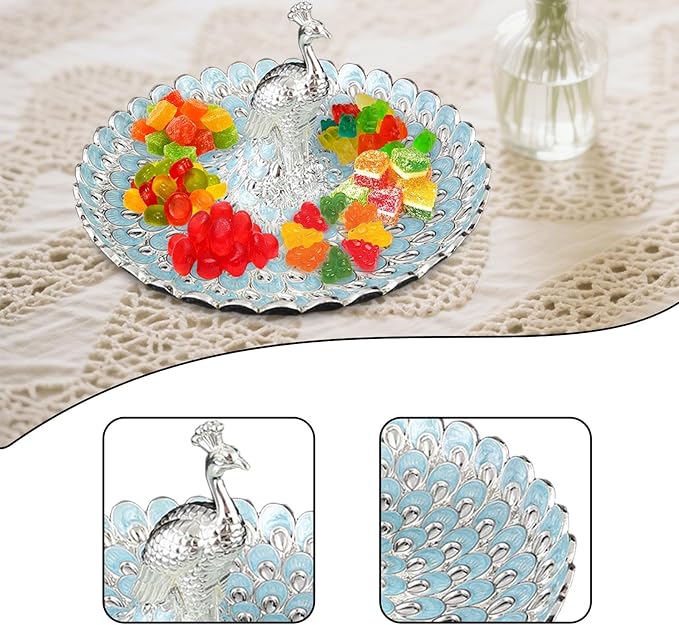 Fruit Plate Serving Tray Household Peacock Decorative Cosmetic Tray for Makeup Desk Dressing Table Dessert Candy Coffee Table, Silver Blue