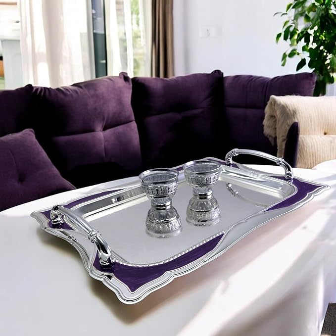 14.2 inch x 10.2 inch Rectangular Chrome Plated Silver Serving Tray with Handles Iron Purple Floral Engraved Decorative Wedding Dessert Buffet Wine Decor Platter Plate FST-034