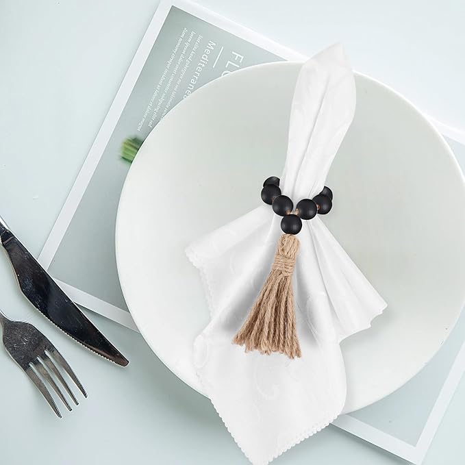 Meplait 6 Pieces Wooden Bead Napkin Rings, Farmhouse Stretchable Napkin Ring with Tassel Boho Napkin Rings for Dining Table,Wedding Decoration (Black)