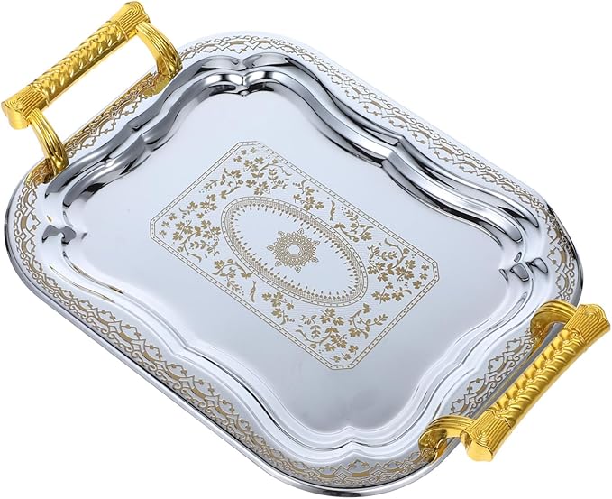 Rectangular Serving Tray with Handles 304 Stainless Steel Snack Platter for Parties Coffee Table and Restaurant Use Sturdy Beverage Serving Tray with Non-Slip Design