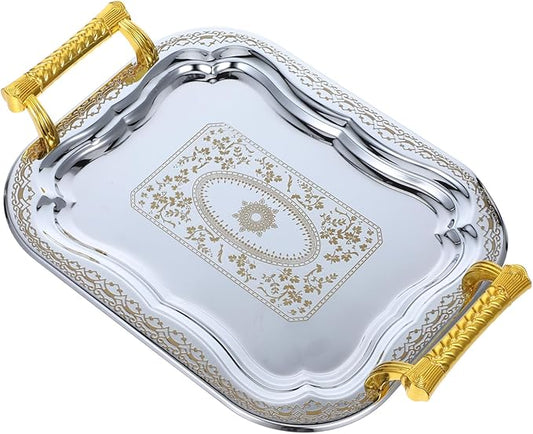 Rectangular Serving Tray with Handles 304 Stainless Steel Snack Platter for Parties Coffee Table and Restaurant Use Sturdy Beverage Serving Tray with Non-Slip Design