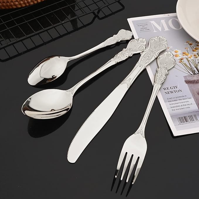 JASHII Silverware Set 24 Piece Family Dinnerware Set Flatware Set for 6, Silver Tableware Set Great for Family Gatherings & Daily Use-Spoons, Knives, Teaspoons, Forks (Silver）