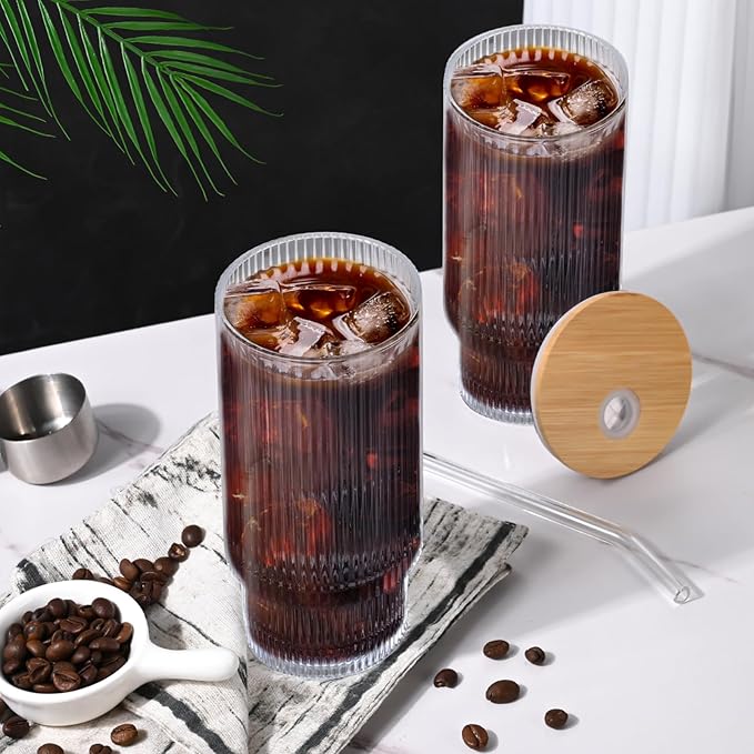 AFINSEA 16OZ Ribbed Glass Cups with Lids and Straws,Iced Coffee Cups with Bamboo Lid,Vintage Glassware for Whiskey Cocktail Beer Fruit Juice Glasses Tumbler(2 Pack)