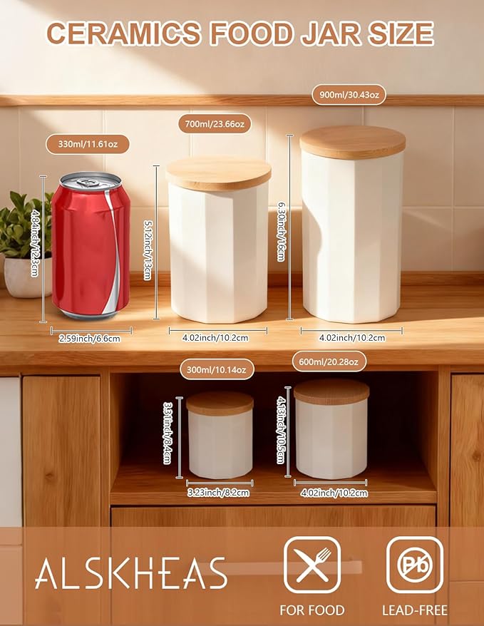 Ceramic Food Storage Containers with Lids, Kitchen Canisters for Countertop, White Food Canister Jar for Flour, Coffee, Bean, Sugar, Tea, Spices and More, Home Decor (Set of 4)
