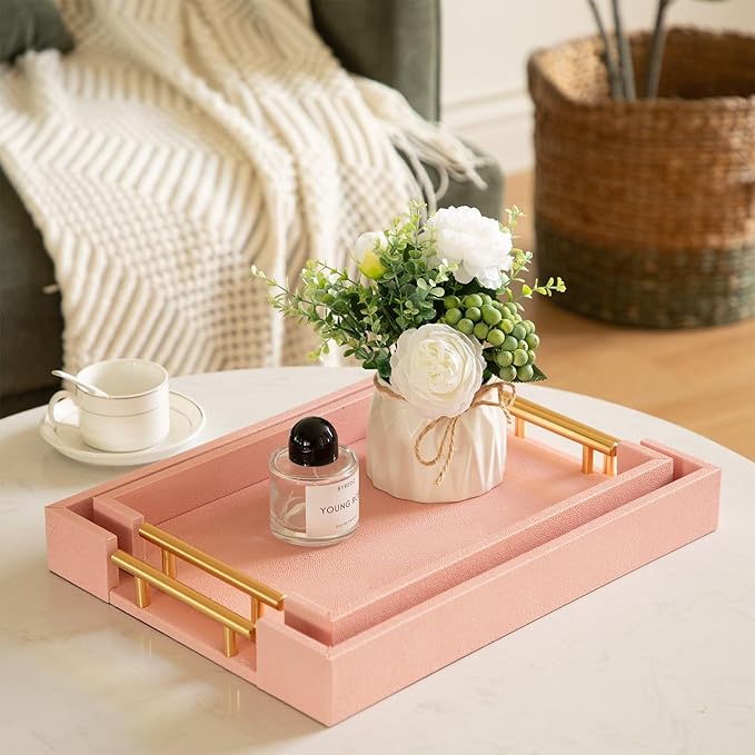 Modern Elegant Pink Faux Shagreen Leather Tray, Set of 2 Rectangle Serving Trays with Gold Polished Metal Handles, Ottoman Tray Coffee Table Perfume Kitchen Trays Home Decor