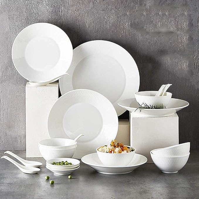 Elegant Fine Dinnerware Set,White Porcelain Dinnerware Set, Ceramic Plates and Bowls Sets, Vintage Round Dishes Set Dinner Plates for Kitchen/Dining, Service for 6