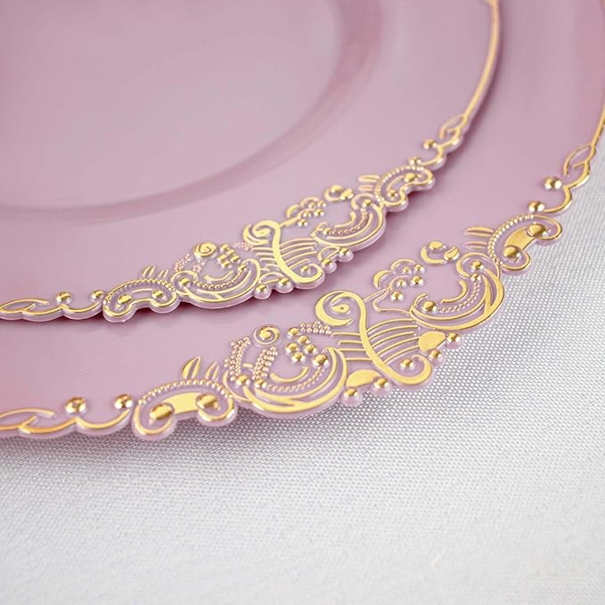 10" Dinner Plates -Set of 30 - Plastic Lavender Lilac Round Baroque Disposable Chargers Leaf Embossed Rim, Ideal for Dinner Party Wedding Bulk Events